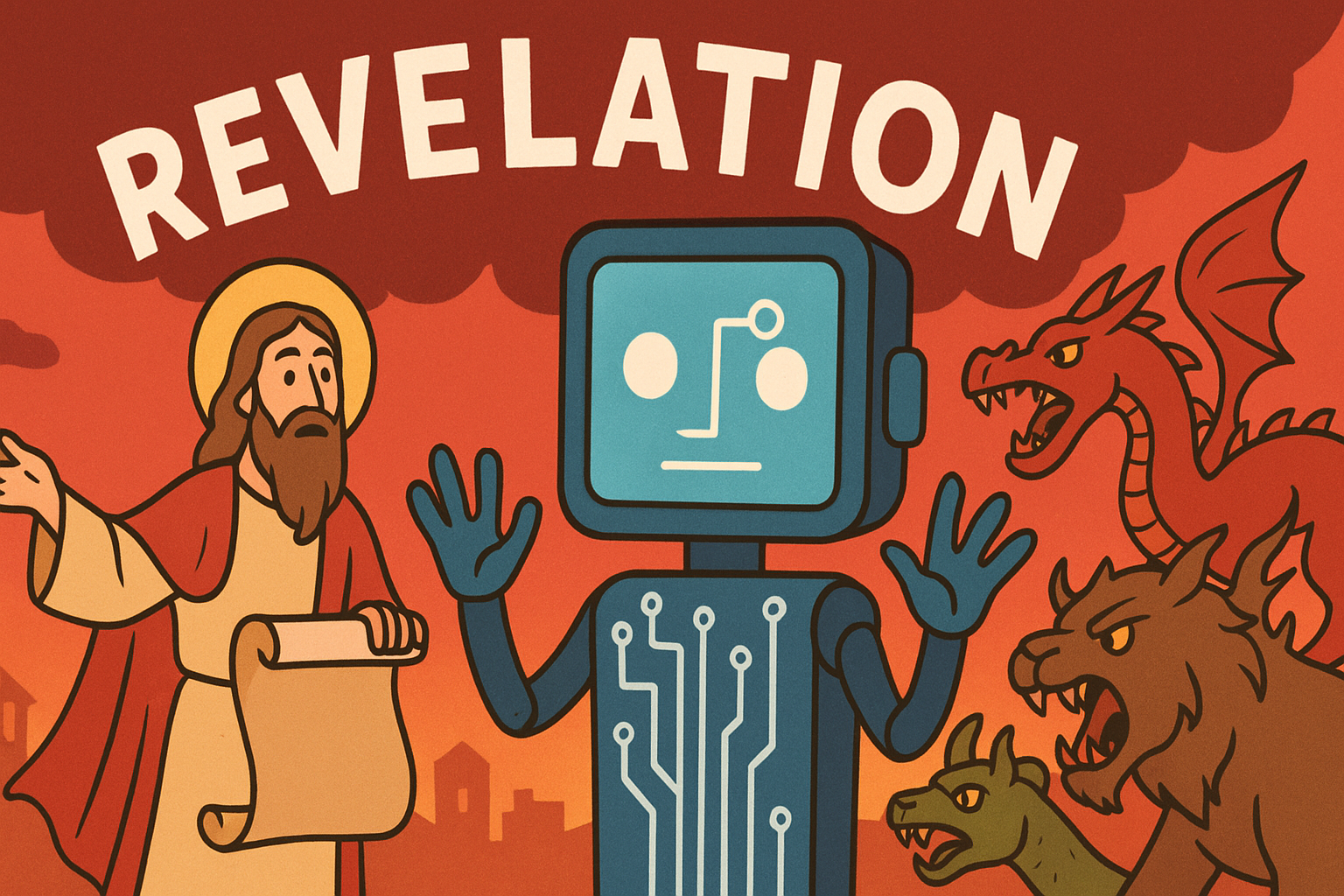 A cartoon version of Jesus next to an AI-powered robot next to a pit of apocalyptic beasts
